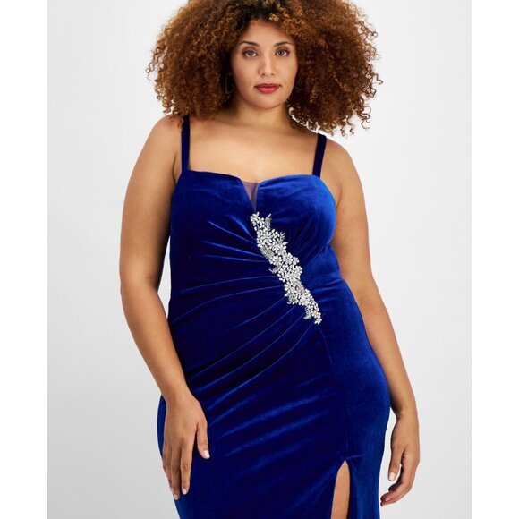 City Studios Trendy Plus Size 22W Velvet Embellished Ruched Gown Blue MSRP $129 - Picture 2 of 4